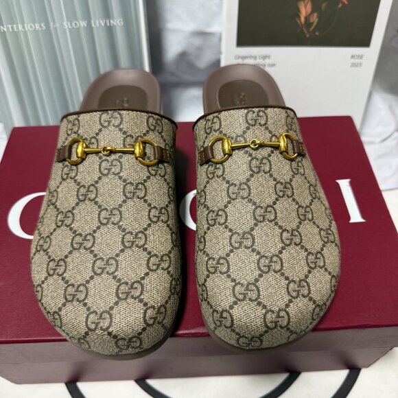 Gucci Beige and Brown Logo Slides - Picture 1 of 4